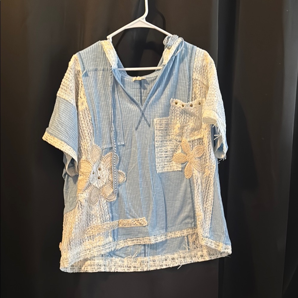 POL V-neck hoodie, relaxed fit top lace embroidered Various sizes BLUE - Picture 7 of 9